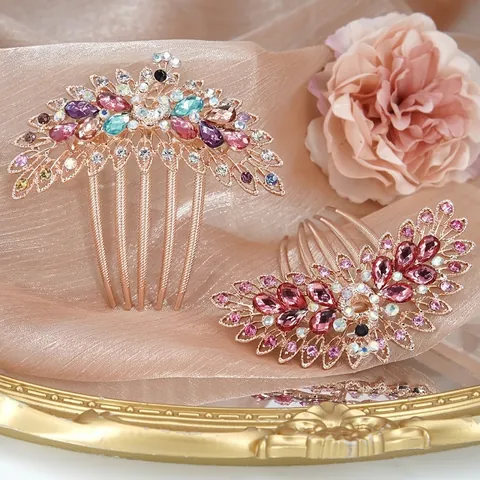 Vintage Legering Pauw Strass Haarkam Voor Vrouwen Bruid Bruiloft Feest Elegant 5-Tanden Insteek Haarkam Accessoire