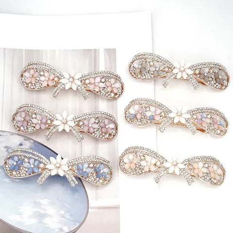 Sweet Alloy Rhinestone Flower Bowknot Hair Clip Elegant Spring Barrette Wedding Party Hair Accessories For Women Jewelry