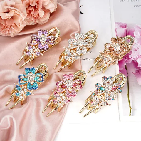 Elegant Rhinestone Flower Hair Claw Clip For Women Vintage Alloy Floral Butterfly Hair Clips For Wedding Party Hair Styling Accessories