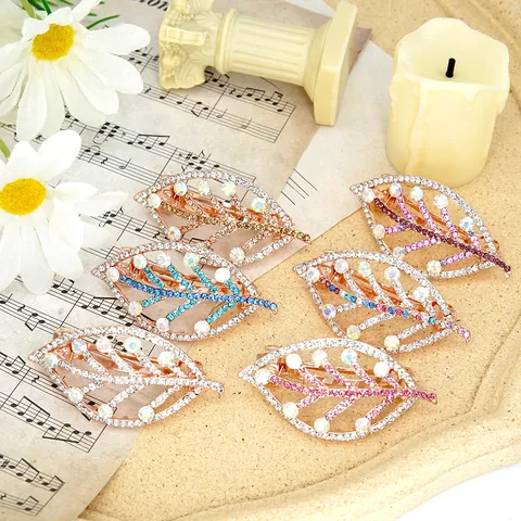 Elegant Rhinestone Scallop Butterfly Leaf Spring Hair Clip For Women Alloy Gold Plated Crystal Hair Accessory For Wedding Banquet Party Daily Headwear Jewelry