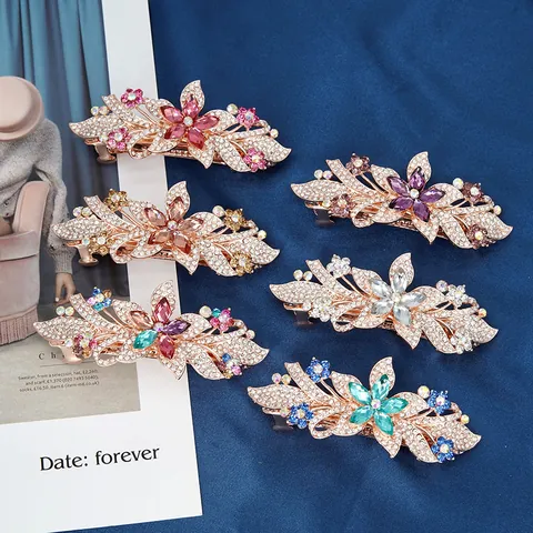 Korean Elegant Alloy Rhinestone Flower Spring Clip Hairpin Vintage Crystal Floral Hair Accessories For Women Wedding Party