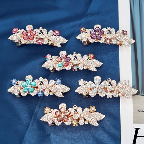 Korean Elegant Alloy Rhinestone Flower Spring Clip Hairpin Vintage Crystal Floral Hair Accessories For Women Wedding Party