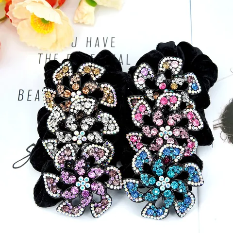 Vintage Velvet Floral Rhinestone Scrunchies For Women Large Flower High Elastic Hair Ties Elegant Sparkly Hair Accessories