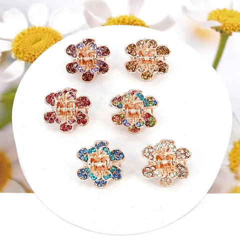 Mini Flower Hair Claw Clips Rhinestone Crystal Metal Hairpins Small Hair Accessories For Women Girls Bangs Side Clips