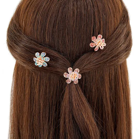 Mini Flower Hair Claw Clips Rhinestone Crystal Metal Hairpins Small Hair Accessories For Women Girls Bangs Side Clips