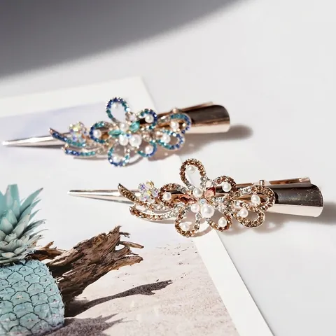 Elegante Pinza para el Cabello con Flores Perlas Artificiales y Pedrería Horquilla de Pico de Pato para Mujer Accesorios para el Cabello de Aleación de Cristal Vintage Boda