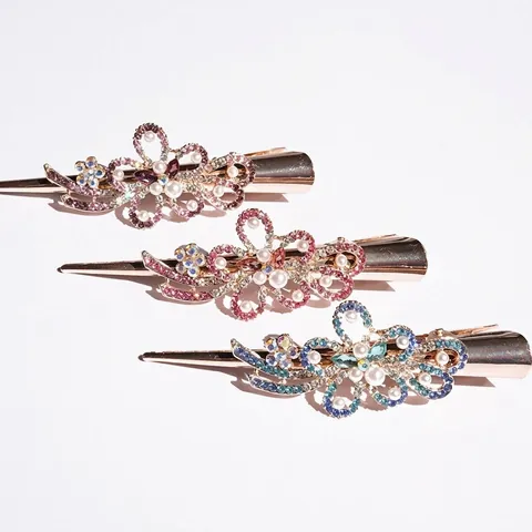 Elegante Pinza para el Cabello con Flores Perlas Artificiales y Pedrería Horquilla de Pico de Pato para Mujer Accesorios para el Cabello de Aleación de Cristal Vintage Boda