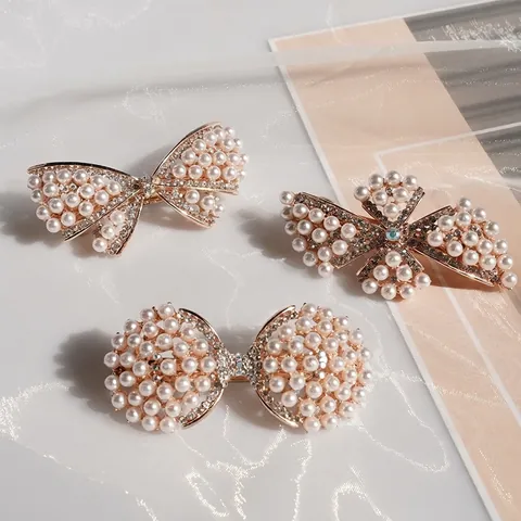 Elegant Faux Artificial Pearl Rhinestone Bowknot Spring Hair Clip Gold Alloy Bridal Hair Accessories For Women Wedding Party Jewelry