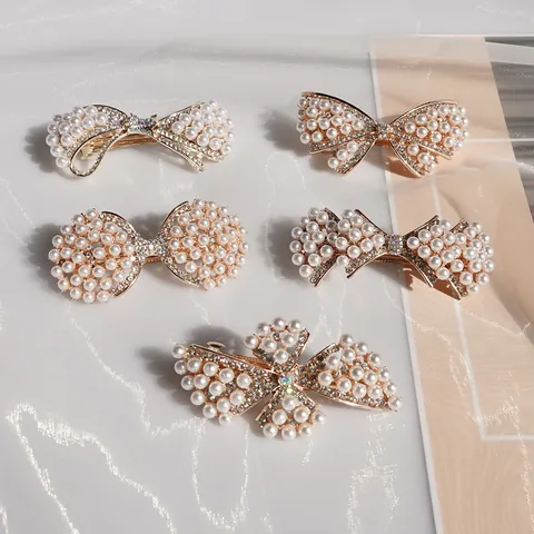 Elegant Faux Artificial Pearl Rhinestone Bowknot Spring Hair Clip Gold Alloy Bridal Hair Accessories For Women Wedding Party Jewelry