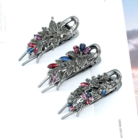 Vintage Flower Hair Claw Clip For Women Crystal Rhinestone Alloy Hair Clip Retro Botanical Hair Accessories Gun Black Jewelry