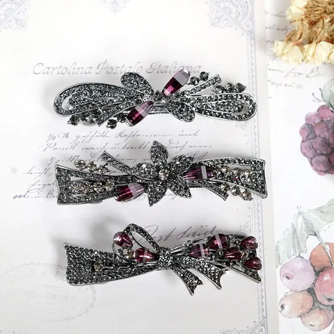 Vintage Gun Black Alloy Rhinestone Hair Clip Elegant Floral Bow Spring Barrette Hair Accessory For Women Wedding Party