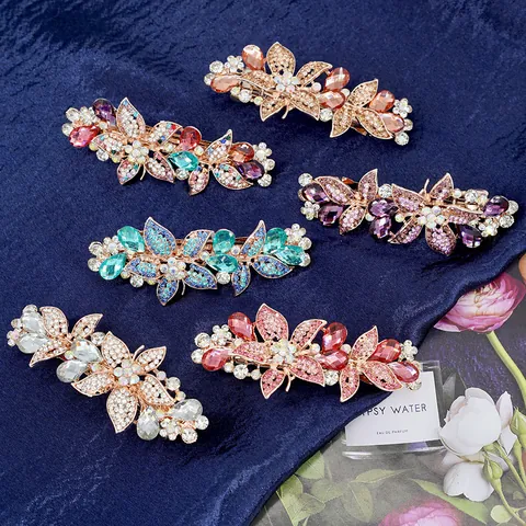 Vintage Flower Butterfly Alloy Rhinestone Spring Hair Clip Elegant Crystal Ponytail Barrette Women Fashion Headwear Accessories