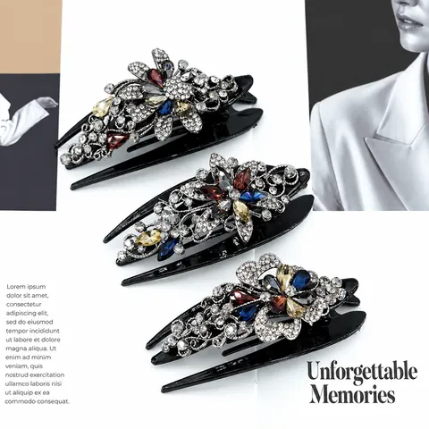 Vintage Rhinestone Flower Hair Claw Clip Elegant Alloy Crystal Butterfly Hair Clip Large Black Hairpin For Women Hair Jewelry