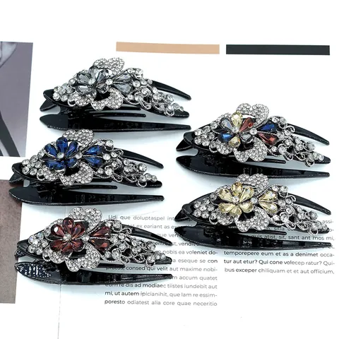 Vintage Rhinestone Flower Hair Claw Clip Elegant Alloy Crystal Butterfly Hair Clip Large Black Hairpin For Women Hair Jewelry