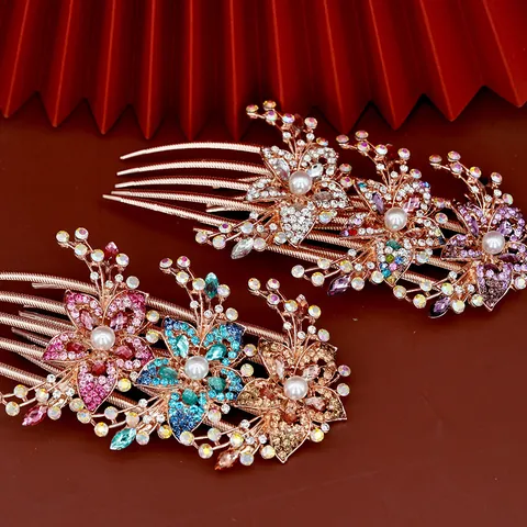 Elegant Alloy Flower Rhinestone Hair Comb With Faux Pearl For Women Vintage Floral Hair Fork Wedding Party Bridal Jewelry