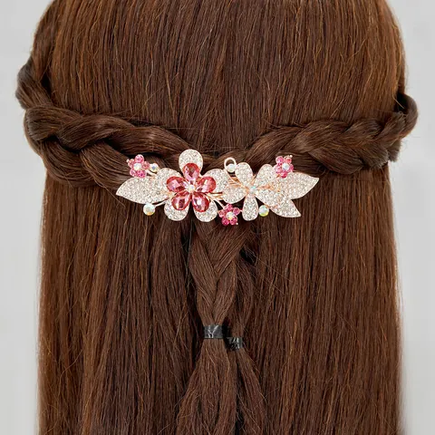 Vintage Rhinestone Flower Hair Clips For Women Gold Plated Alloy Spring Clip Butterfly Hairpin Wedding Party Jewelry