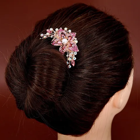 Elegant Alloy Flower Rhinestone Hair Comb With Faux Pearl For Women Vintage Floral Hair Fork Wedding Party Bridal Jewelry