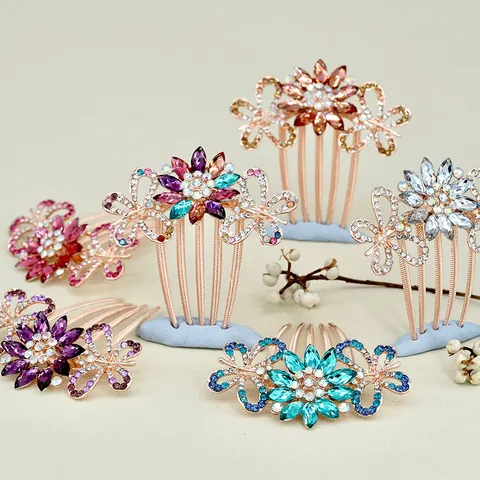 Vintage Butterfly Flower Alloy Hair Comb With Colorful Rhinestones Elegant Wedding Hair Accessories For Women Jewelry