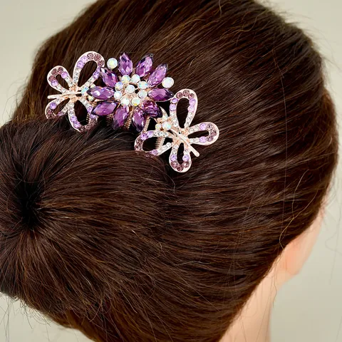 Vintage Butterfly Flower Alloy Hair Comb With Colorful Rhinestones Elegant Wedding Hair Accessories For Women Jewelry