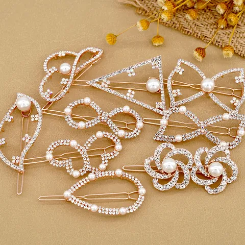 Korean Style Rhinestone Pearl Hair Clips For Women Girls Alloy Gold Plated Bow Heart Leaf Flower Geometric Hairpins Sweet Hair Accessories