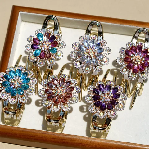 Elegant Alloy Rhinestone Flower Hair Claw Vintage Korean Style Crystal Hair Clip Decorative Hairpin Jewelry For Women Party
