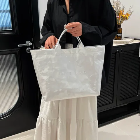 Women Fashion PVC Waterproof Tote Bag Large Capacity Crinkle Texture Letter Print Handbag Double Strap Shoulder Bag For Daily Use