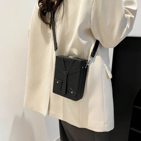 Women Creative Suit Shaped Crossbody Bag PU Leather Lychee Texture Mini Box Phone Bag With Tie Button Shoulder Bag