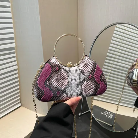 Borsa da Sera Donna con Motivo Serpente Pochette in Pelle PU Con Maniglia ad Anello Oro e Tracolla a Catena