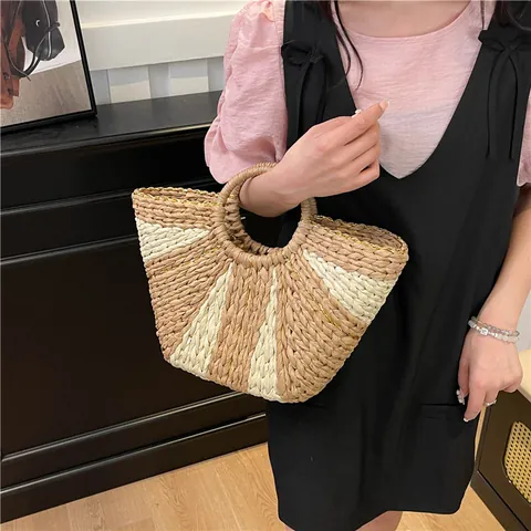 Bolso Tote de Paja Tejida a Mano Gran Capacidad Bloques de Color Rayas Bolso de Hombro Playa Vacaciones Mano Mujer