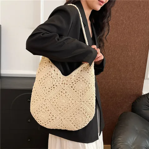 Borsa Tote da Donna Intrecciata a Mano all'Uncinetto con Motivo a Girasole in Corda di Cotone Borsa a Spalla Bohémien per la Spiaggia