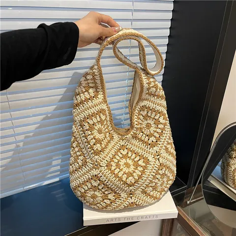 Bolso Tote de Ganchillo Hecho a Mano Vintage con Patrón de Flores Mandala Bolso de Hombro de Punto Gran Capacidad Bolso Hobo Bohemio para Mujer