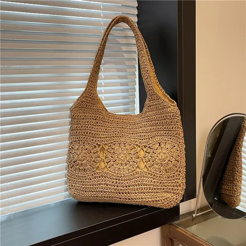 Bolso Tote de Paja Tejido a Mano para Mujer Gran Capacidad Crochet Floral Calado Bolso de Hombro para Vacaciones de Verano en la Playa Bolso Hobo Casual