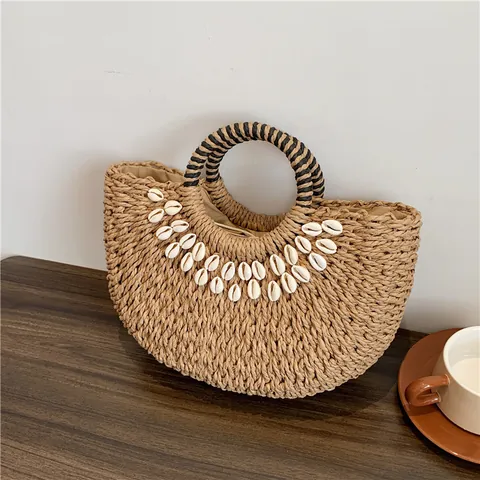 Damen Sommer Strand Strohgeflecht Muschel Handtasche Böhmischer Halbmond Urlaub Henkeltasche Mit Kordelzug Innenfutter