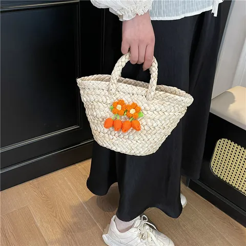 Borsa a Mano in Paglia Intrecciata Donna Con Decorazione Fiori Uncinetto Stile Pastorale Borsa Cesto Spiaggia Per Vacanza Casual