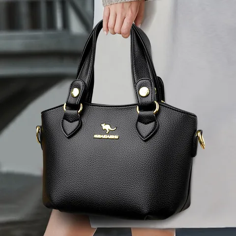 Sac à Main Femme Élégant en Cuir PU Grainé Avec Logo Kangourou Doré Sac Bandoulière Cabas Quotidien