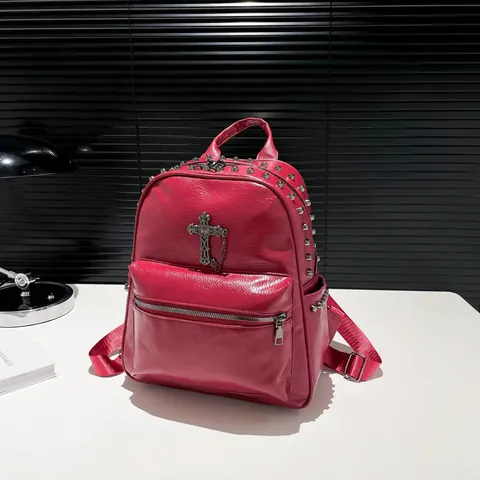 Zaino in Pelle PU Punk Gotico per Donna Moda Borchie e Ciondolo a Croce Catena Grande Capacità Borsa a Tracolla da Viaggio