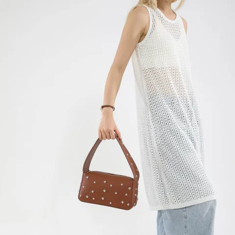 Borsa Sottobraccio con Rivetti Donna Pelle PU Trama Litchi Borsa a Tracolla Stile Punk Moderno Borsa Baguette per Ufficio Quotidiano