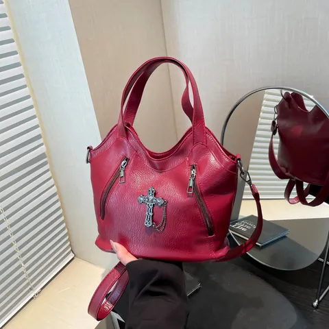 Women's Gothic PU Leather Tote Bag With Cross Pendant Litchi Texture Biker Style Large Capacity Shoulder Crossbody Bag