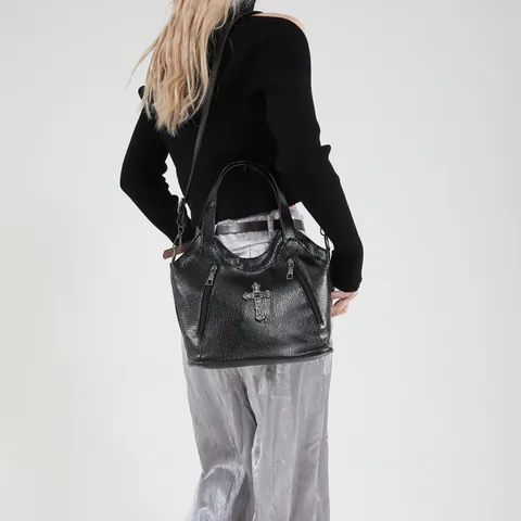 Women's Gothic PU Leather Tote Bag With Cross Pendant Litchi Texture Biker Style Large Capacity Shoulder Crossbody Bag