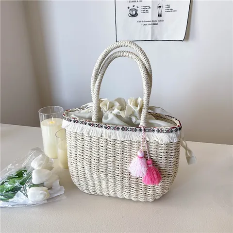 Borsa Intrecciata in Paglia Bohemian Con Nappe Nastro Etnico Borsa da Spiaggia Estate Coulisse Borsa Casual da Donna