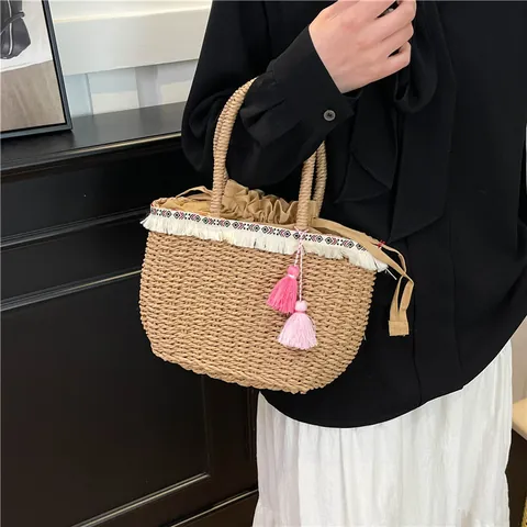 Borsa Intrecciata in Paglia Bohemian Con Nappe Nastro Etnico Borsa da Spiaggia Estate Coulisse Borsa Casual da Donna