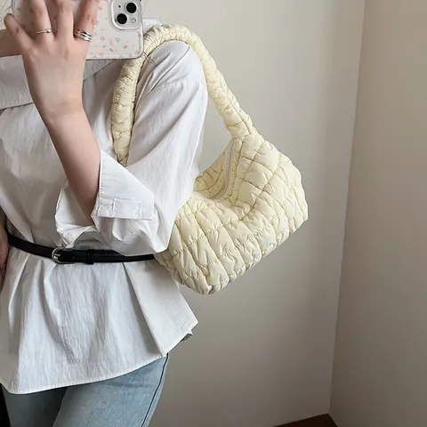 Bolso de Hombro Acolchado Nube para Mujer Bolso de Axila Hinchado Ligero Plegable Bolso de Mano Moda Estampado de Cuadrados