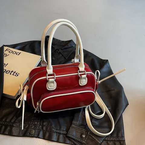 Vintage College Style PU Leather Boston Bag Women Contrast Color Large Capacity Handheld Shoulder Backpack Fashion Handbag Briefcase