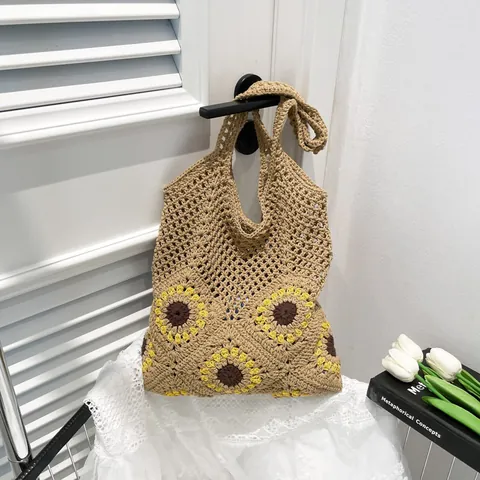 Women Handmade Crochet Sunflower Tote Bag Hollow Straw Woven Shoulder Bag Summer Beach Vacation Handbag With Tulip Pendant