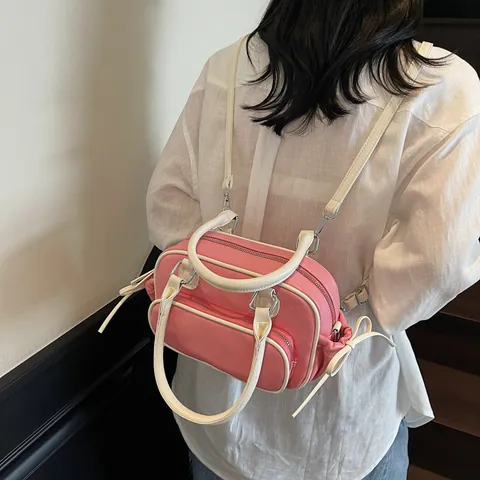 Vintage College Style PU Leather Boston Bag Women Contrast Color Large Capacity Handheld Shoulder Backpack Fashion Handbag Briefcase