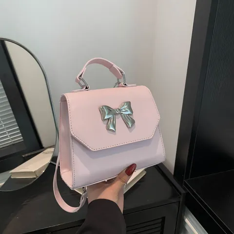 Bolso de Mano Cuadrado de Cuero PU para Mujer Lazo de Metal Bolso Bandolera Color Sólido Elegante Mini Bolso de Mano Diario