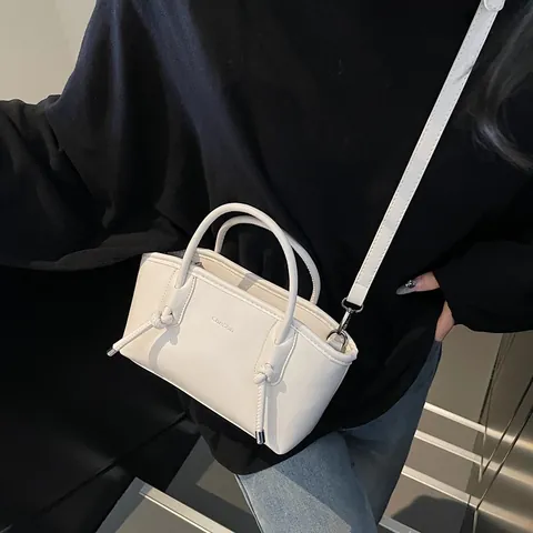 Bolso de Mano de Cuero PU Brillante Vintage para Mujer Decoración de Nudo Bolso de Hombro Con Correa Desmontable Color Sólido