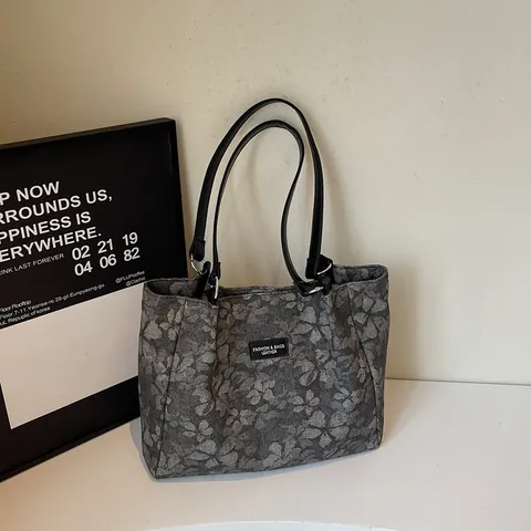 Große Damen Tote Bag Jacquard Blumenmuster PU Ledergriff Schultertasche Mit Süßem Wolkenanhänger Accessoire