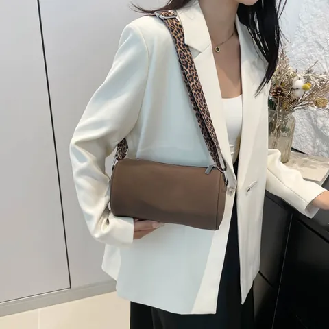 Damen Wildleder PU Zylindertasche Mit Leopardenmuster Breiter Gurt Vintage Zylinder Schulter Umhängetasche Mode Alltag Handtasche