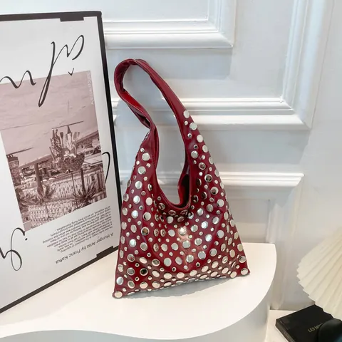 Women Rivet Studded Shoulder Bag PU Leather Punk Style Underarm Hobo Bag Trendy Streetwear Locomotive Fashion Tote Handbag